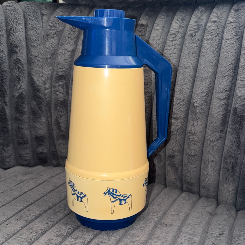 Vintage Dacapo Mullsjo Plast Blue Trim Thermos with Horse Design Made in Sweden